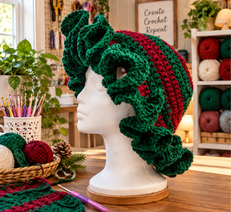 Red and Green Stripe Crochet Hat