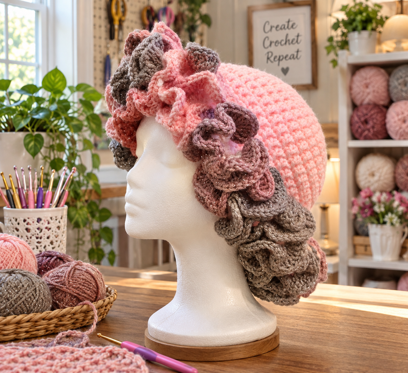 Pink Ruffled Crochet Hat
